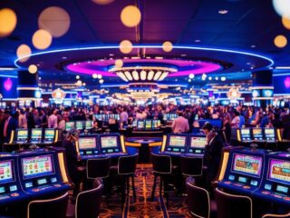 A vibrant casino cityscape with virtual slot machines and table games, surrounded by a bustling crowd of digital avatars