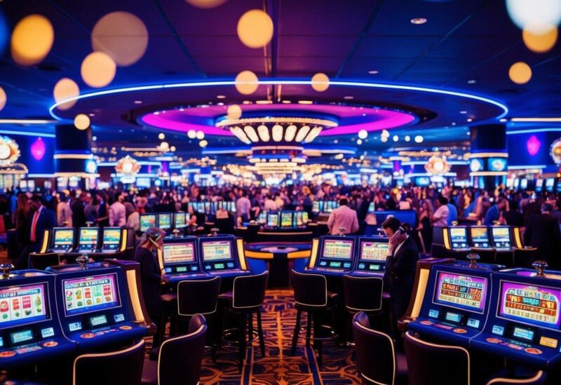 A vibrant casino cityscape with virtual slot machines and table games, surrounded by a bustling crowd of digital avatars