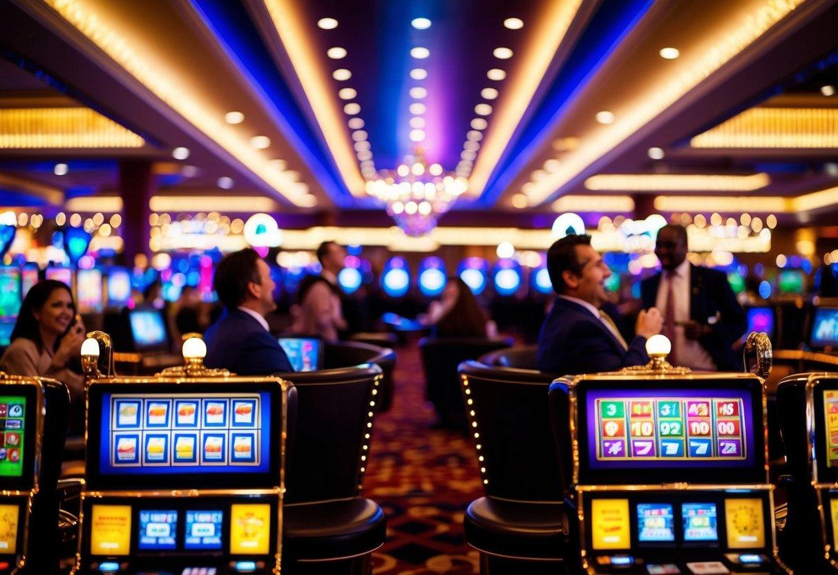 A colorful and vibrant casino landscape with slot machines, bright lights, and excited patrons enjoying the lively atmosphere