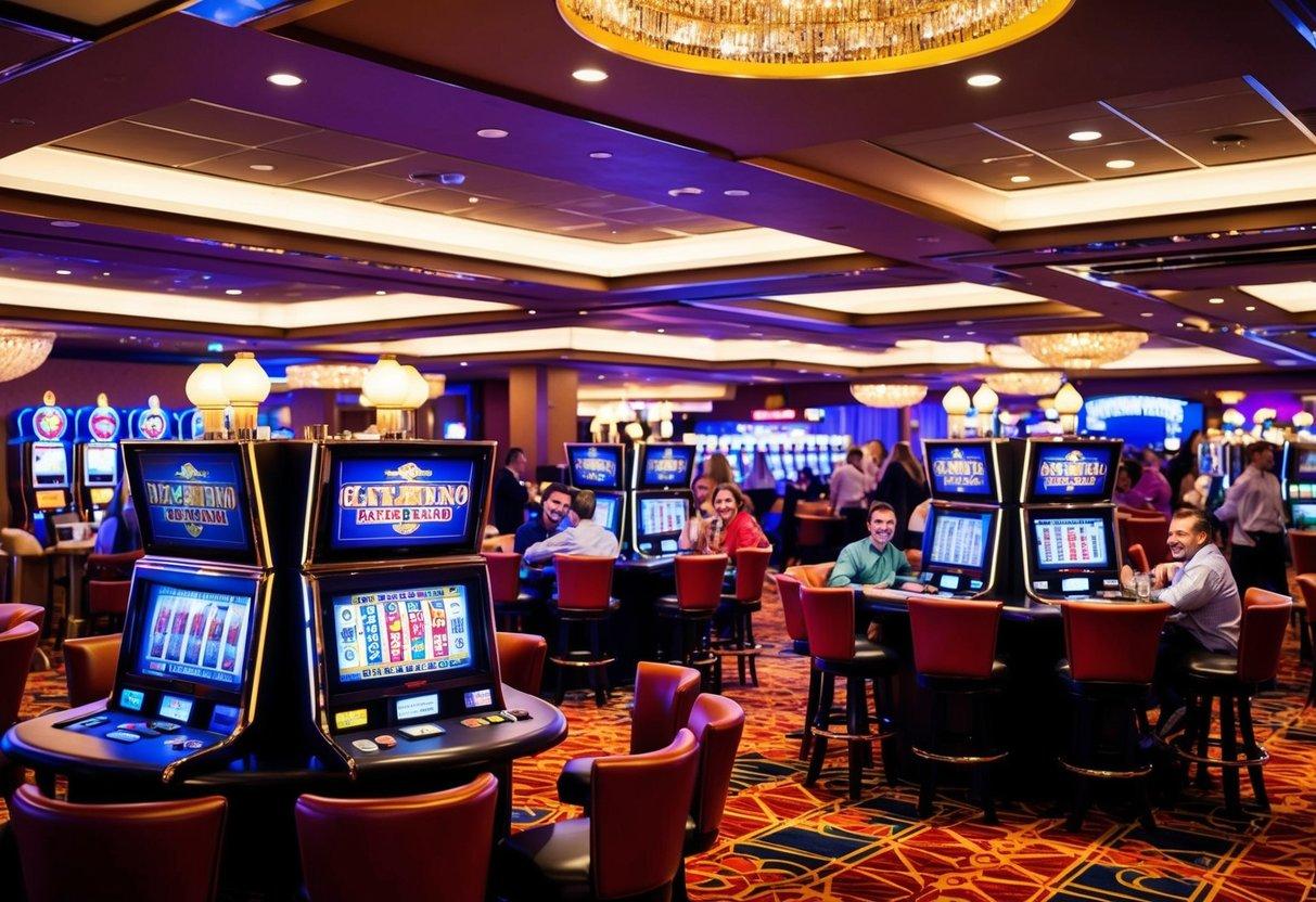 A lively casino floor with slot machines, card tables, and bright lights, filled with excited players enjoying the vibrant atmosphere