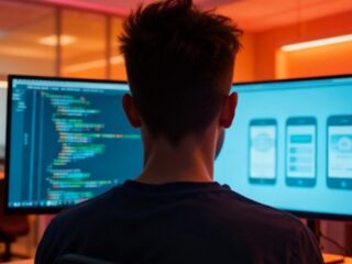 A mobile app developer is working on the code and user interface of a mobile app